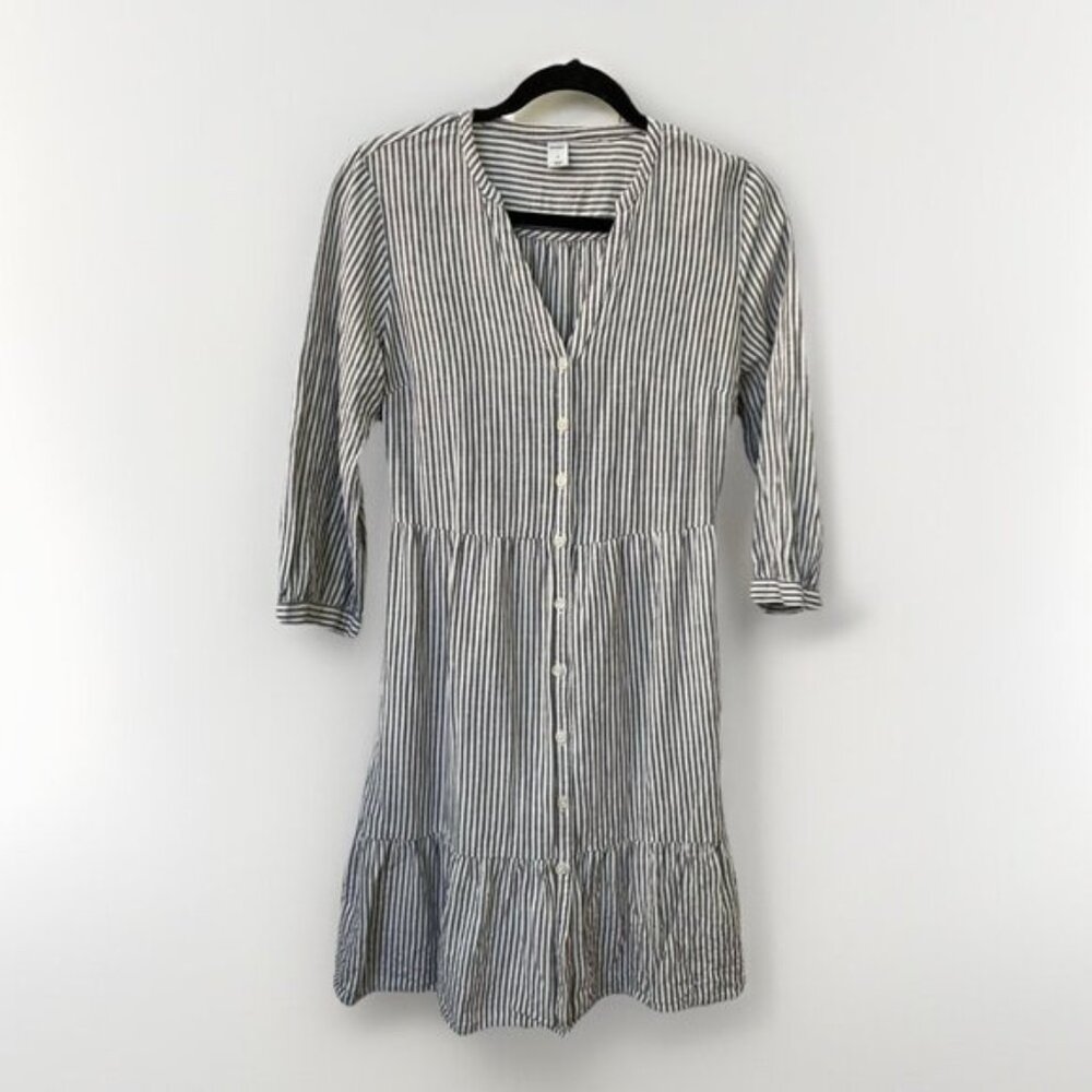Old Navy Shirt Dress Womens M Stripe Tiered Coastal Nautical Beachy Boho Linen